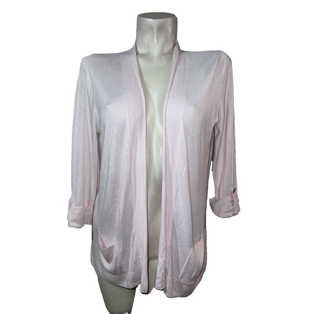 Chico's Pale Pink Open Front Cardigan Roll Tab Sleeve Ribbed Pockets Size (1) M